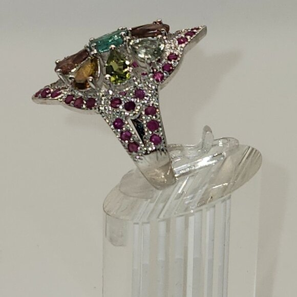 .925 Sterling Silver Natural Emerald/Ruby/Tourmaline Pear/Oval Ring Size 9. $655 - Picture 4 of 7
